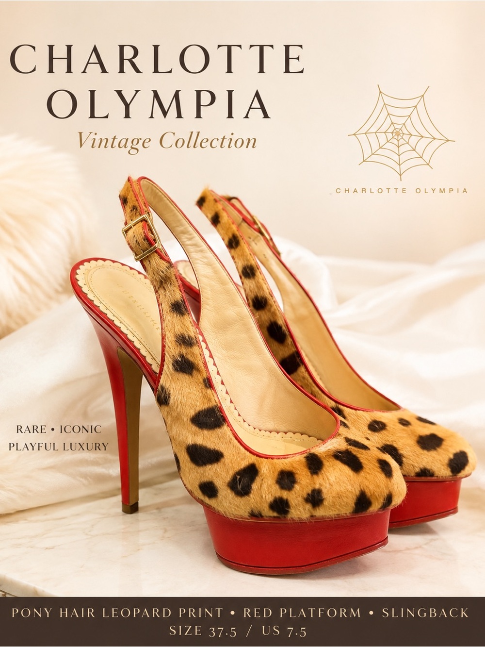Rare Charlotte Olympia vintage pony hair leopard print platform heels 37.5 /7.5